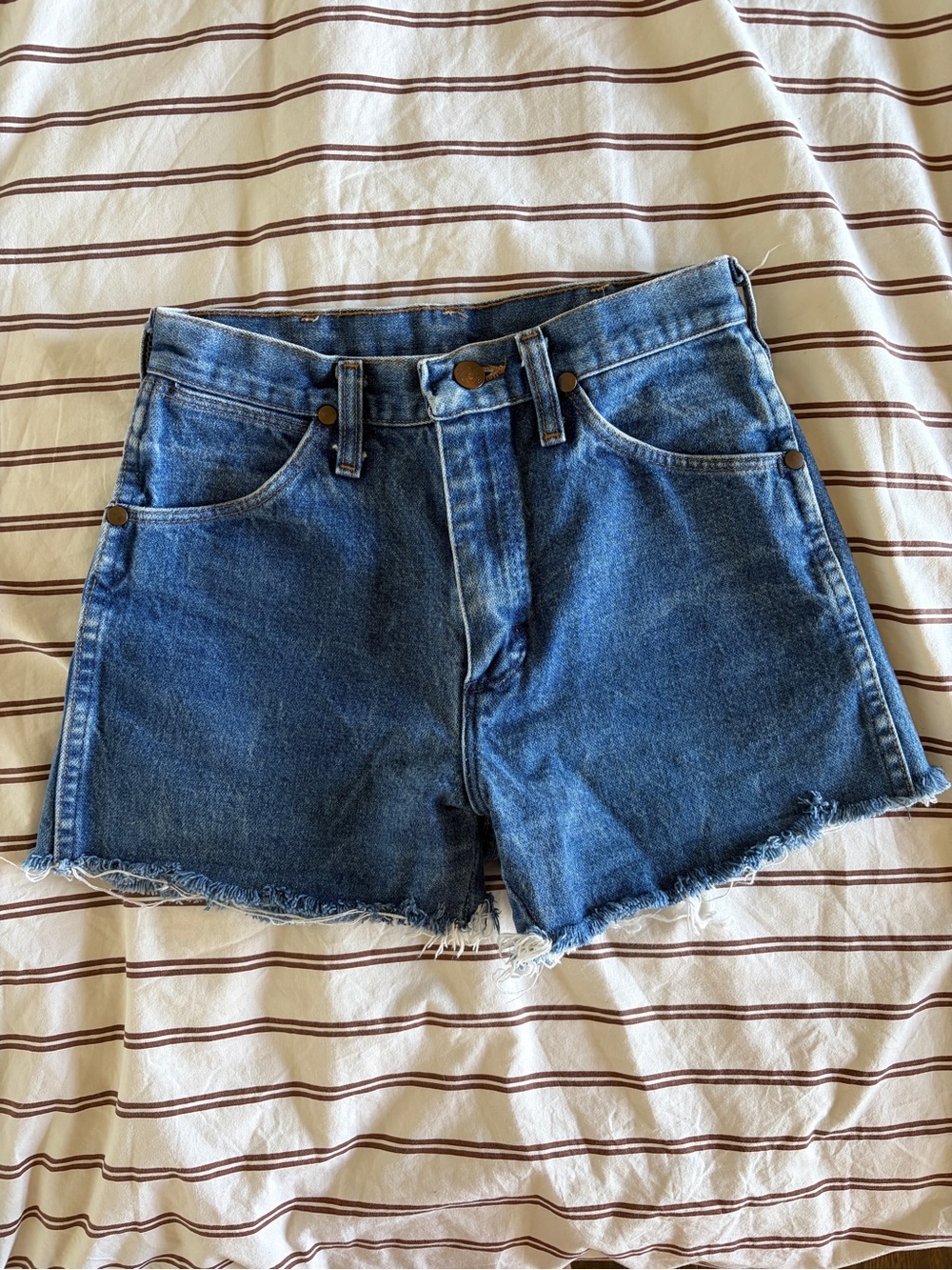 Wrangler Blue Denim Jean Shorts with Frayed Hem